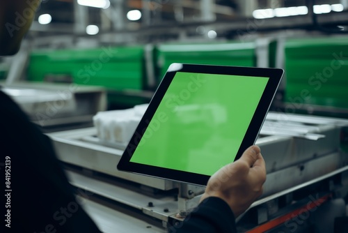 Person holding a tablet with a green screen in a manufacturing environment, highlighting digital technology in industrial processes.