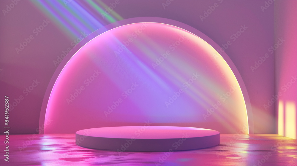 Obraz premium 3d rendering empty podium background with rainbow light for product presentation, mockup design template. minimal purple pastel scene, studio room. abstract geometric platform pedestal showcase on wal