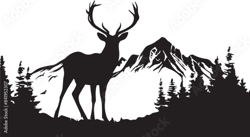 Deer Silhouette Vector and Mountain 