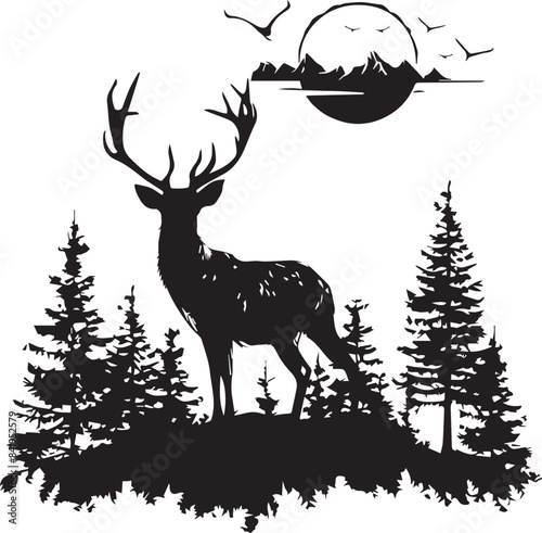 Deer Silhouette Vector and Mountain 