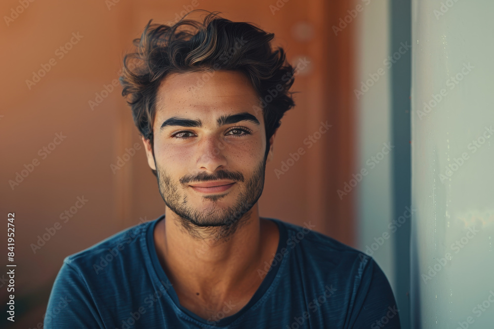A close up portrait of a young man with a subtle smile A close up portrait of a young man with a subtle smile