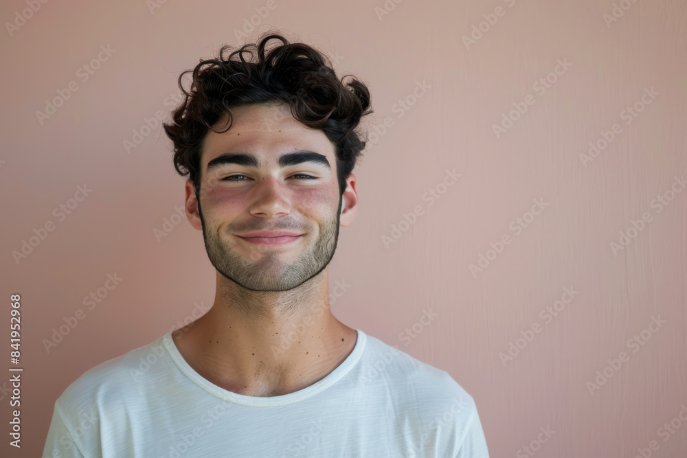 A close up portrait of a young man with a subtle smile