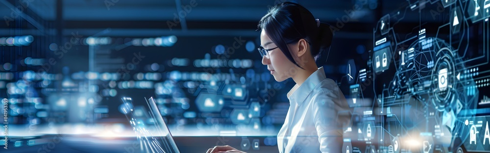 Obraz premium Data science business intelligence laptop and technology Woman