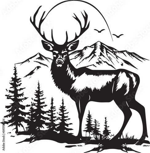 Deer Silhouette Vector and Mountain 