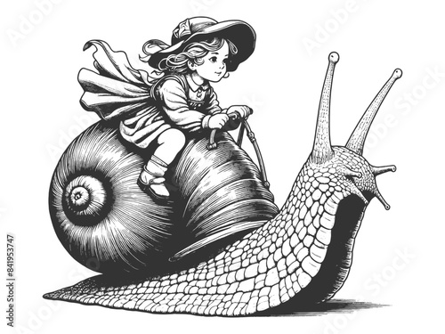 young girl joyfully riding giant snail showcasing detailed vintage-style artwork sketch engraving generative ai fictional character vector illustration. Scratch board imitation. Black and white image