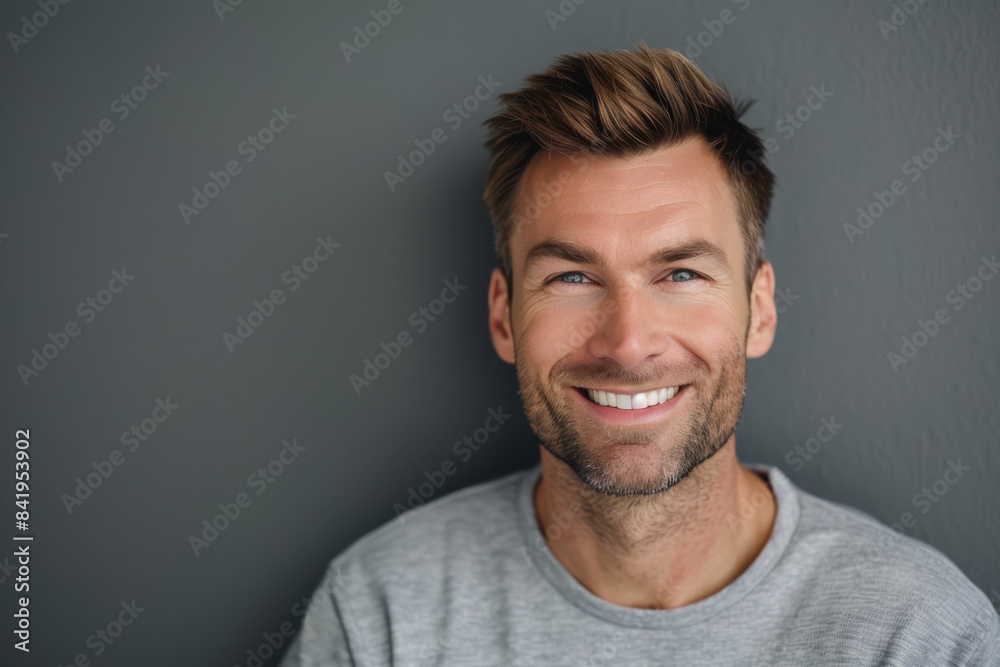A close up portrait of a young man with a subtle smile