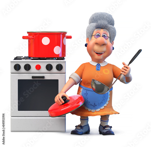 3D illustration of a grandmother cooking lunch on a gas stove