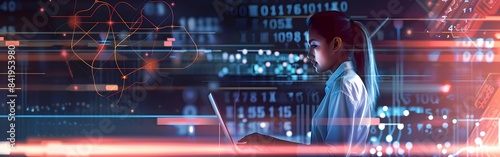 Data science business intelligence laptop and technology woman