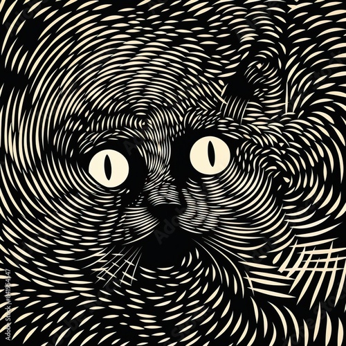 a cat face with a spiral pattern, in the style of surreal comic scenes, flickr, criterion collection, american prints 1880â€“1950, psychological phenomena illustrations, opt art, depiction of animals