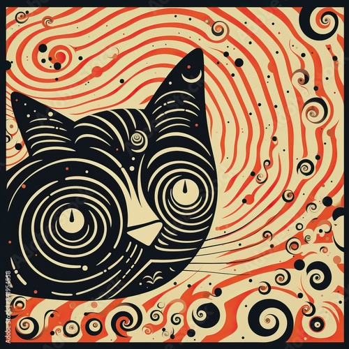 a cat face with a spiral pattern, in the style of surreal comic scenes, flickr, criterion collection, american prints 1880â€“1950, psychological phenomena illustrations, opt art, depiction of animals