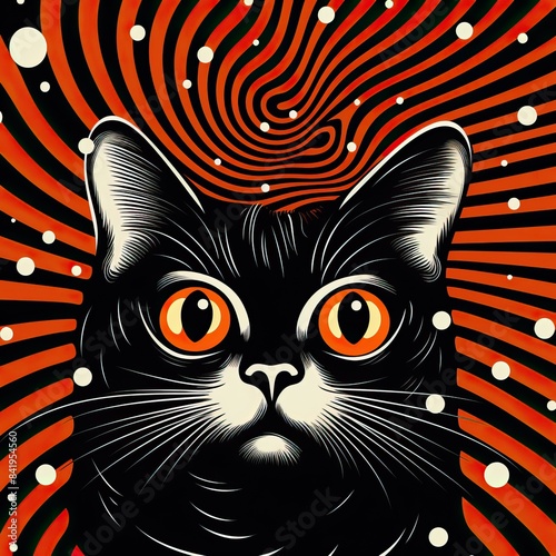 a cat face with a spiral pattern, in the style of surreal comic scenes, flickr, criterion collection, american prints 1880â€“1950, psychological phenomena illustrations, opt art, depiction of animals