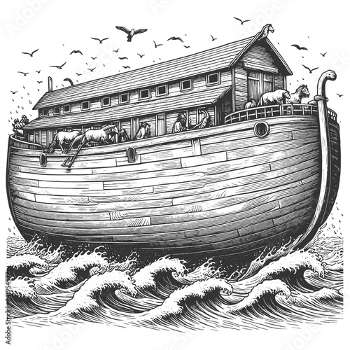 Noah Ark, a biblical boat ship vessel, resting on water with two doves in the foreground sketch engraving generative ai vector illustration. Scratch board imitation. Black and white image.