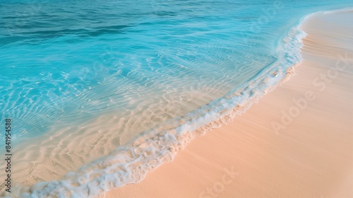 Calm beach with smooth coral sand and tranquil blue water creating a peaceful backdrop with copy space for text