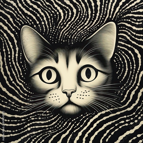 a cat face with a spiral pattern, in the style of surreal comic scenes, flickr, criterion collection, american prints 1880â€“1950, psychological phenomena illustrations, opt art, depiction of animals