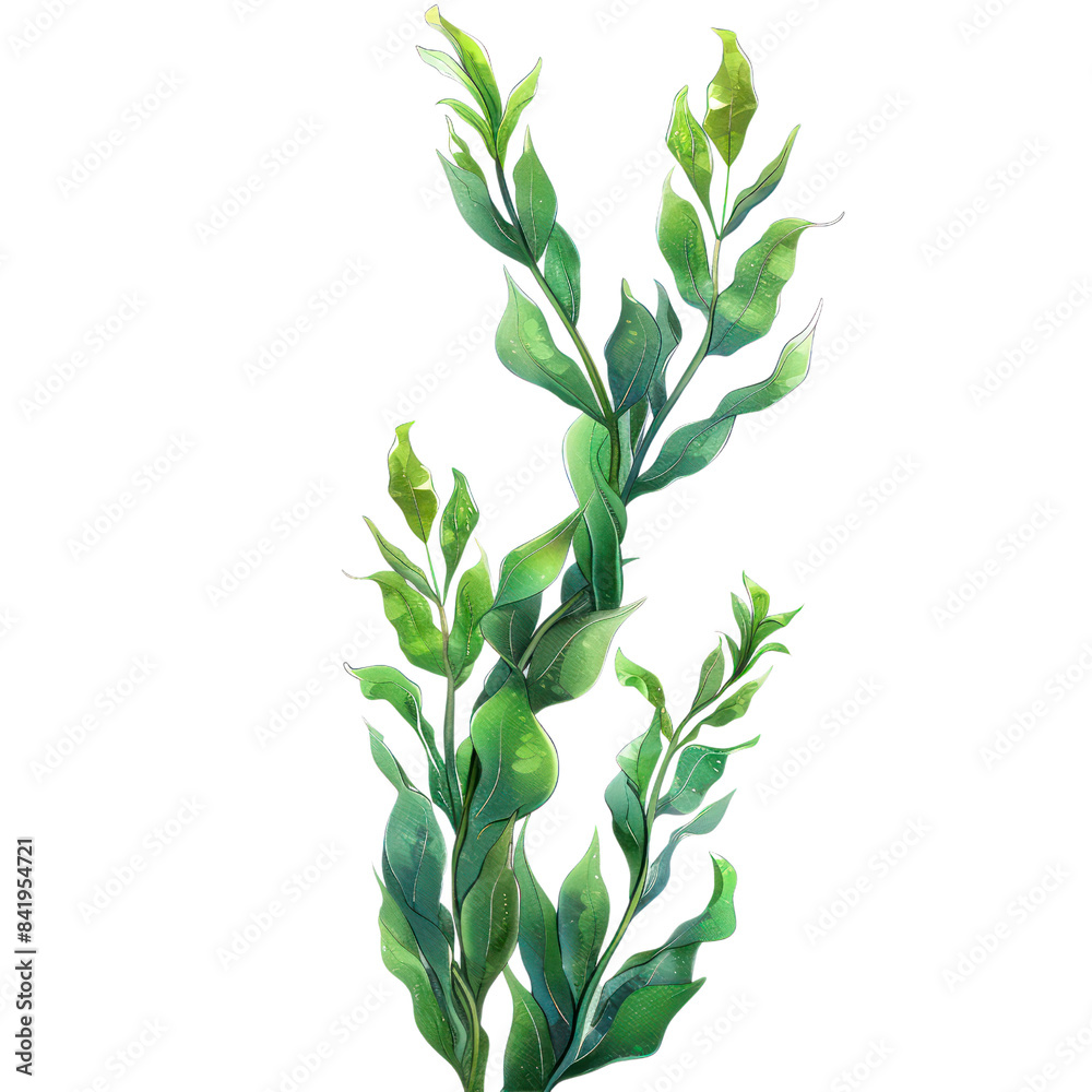 Fototapeta premium Digital illustration of vibrant green seaweed against a white background, showcasing its natural beauty and organic shapes.