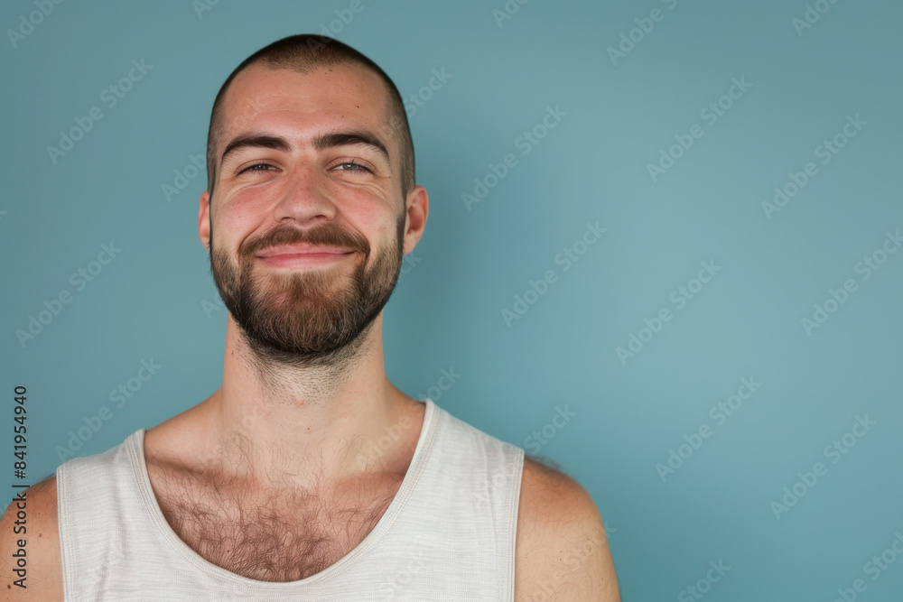 A close up portrait of a young man with a subtle smile A close up portrait of a young man with a subtle smile