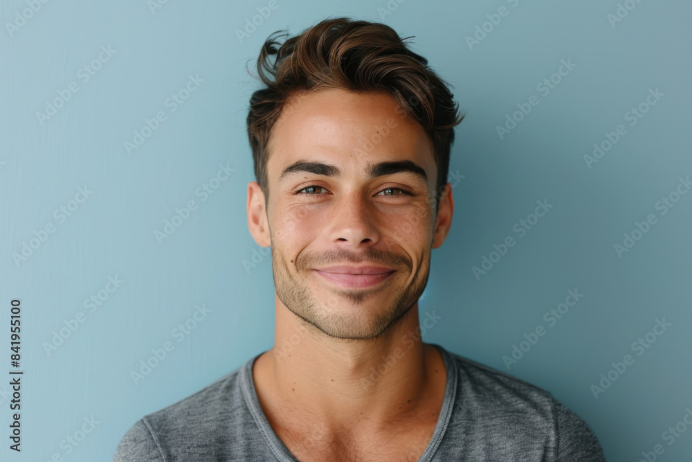 A close up portrait of a young man with a subtle smile A close up portrait of a young man with a subtle smile
