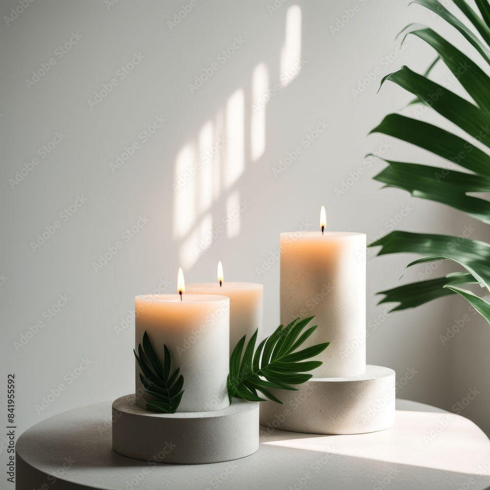 Burning aromatic candle and palm branch on table Burning aromatic candle and palm branch on table