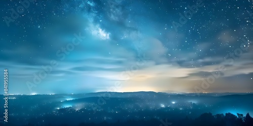 Starry night sky with clouds and city lights illuminating the darkness. Concept Night Photography, Starry Sky, City Lights, Clouds, Illumination © Anastasiia