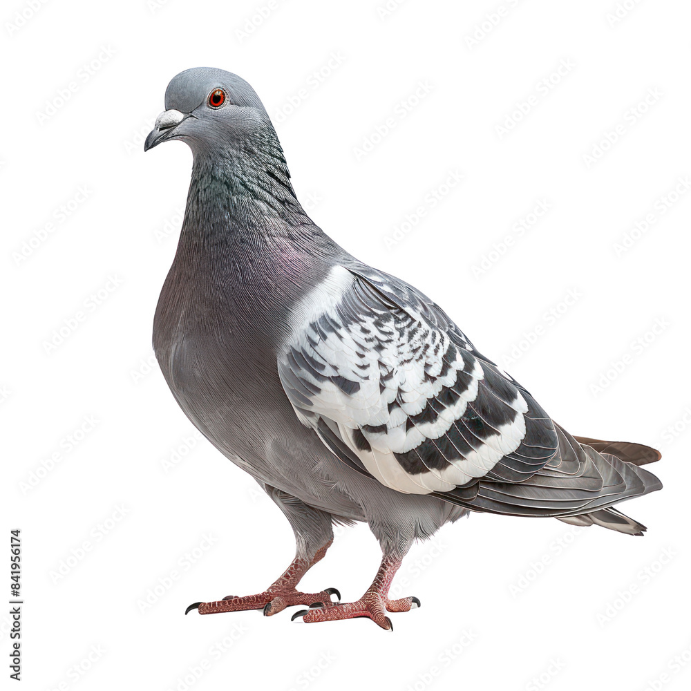 Close-up of a grey pigeon with white and black feather pattern standing against a white background. Close-up of a grey pigeon with white and black feather pattern standing against a white background.