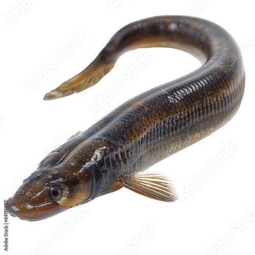 Close-up of a eel fish against a white background, showcasing its elongated body and distinctive features. photo