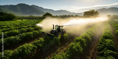 Agricultural drone photo of tractor spraying pesticides in green orchard field. Concept Agricultural Technology, Drone Photography, Farming Innovation, Pesticide Application, Green Orchard Field photo