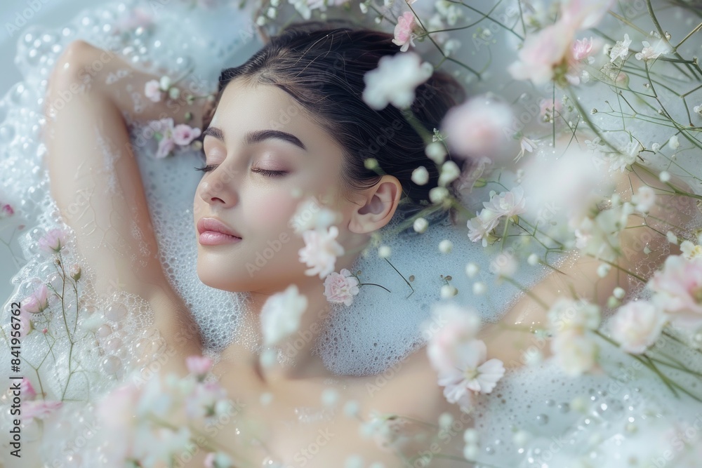 A beautiful dark-haired girl lies in a bathtub filled with clean water with foam and flowers. Concept of relaxation, body care in spa salon.
A beautiful dark-haired girl lies in a bathtub filled with clean water with foam and flowers. Concept of relaxation, body care in spa salon.