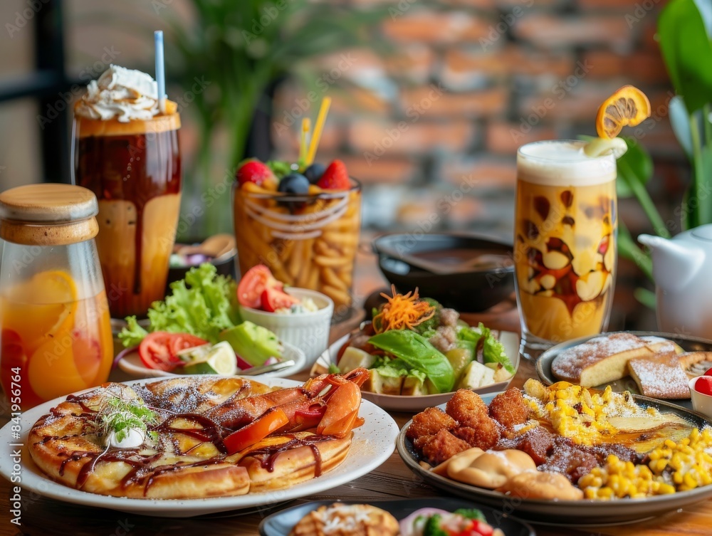 A studio photography of dinner dishes shot in front of a coffee house background A studio photography of dinner dishes shot in front of a coffee house background