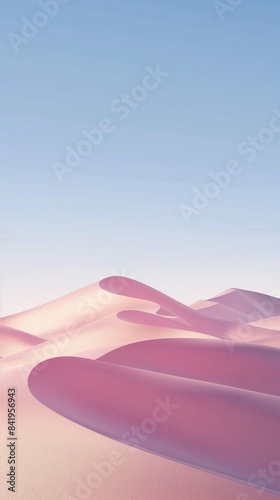 Minimalist summer desert landscape with soft pink sand dunes under a clear blue sky and no signs of life