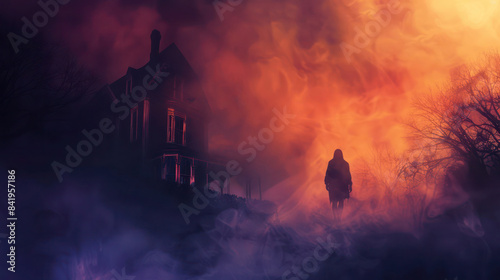 Halloween banner featuring haunted house, a shadowy figure,a ghostly silhouette against a dark, foggy purple and yellow background