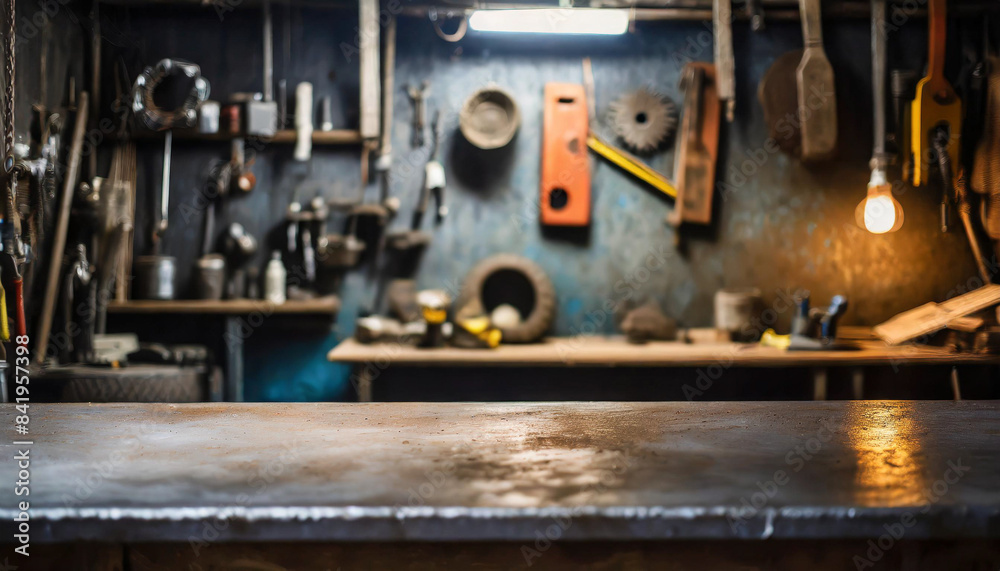 Rough metal workshop desk on blurred garage backdrop, symbolizing industrial creativity craftsmanship. Copy space available Rough metal workshop desk on blurred garage backdrop, symbolizing industrial creativity craftsmanship. Copy space available