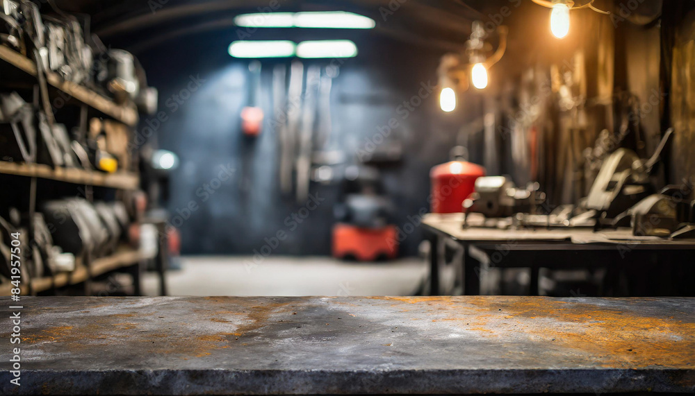 Rough metal workshop desk on blurred garage backdrop, symbolizing industrial creativity craftsmanship. Copy space available Rough metal workshop desk on blurred garage backdrop, symbolizing industrial creativity craftsmanship. Copy space available