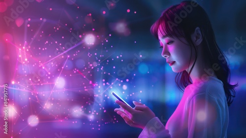 Chinese woman interacting with an AI-powered smartphone, futuristic and intelligent features of device, holographic display, voice interaction, smart applications