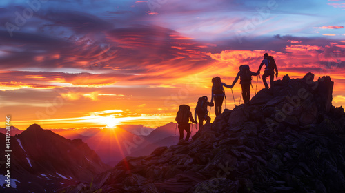 Hikers Climbing Rocky Mountain During Fiery Sunset Sky With Vibrant Colors © oxart_studio