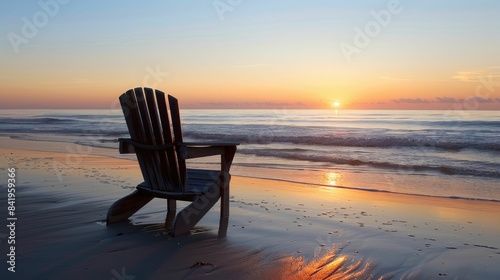 A chair is placed on the beach at dusk  with water reflecting the colorful sky and clouds as the sun sets over the horizon  creating a serene landscape AIG50