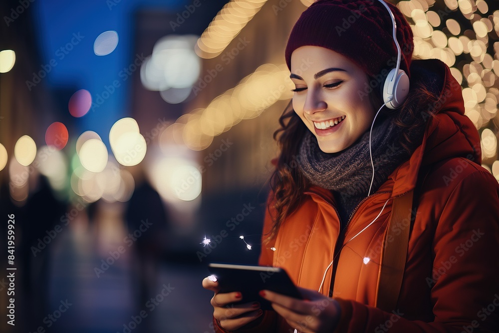 Young smiley woman in headphones walks along the street of a night city listening to her favorite music through an online smartphone app. Young smiley woman in headphones walks along the street of a night city listening to her favorite music through an online smartphone app.