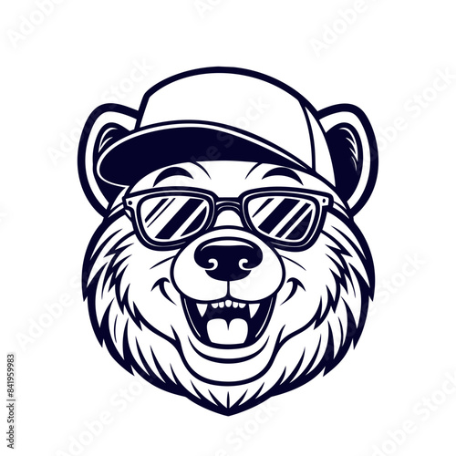 Head of a cute satisfied bear in sunglasses and a baseball cap. vector illustration