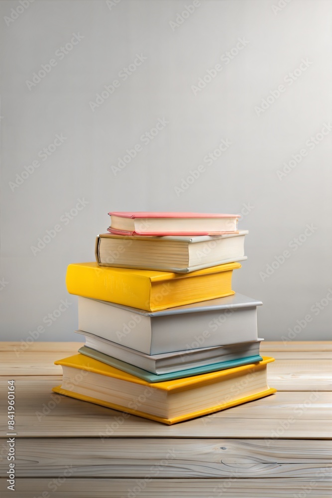 School book stack with gray background or poster with copy space. School banner for education advertising symbolizing knowledge and education, learning, study School book stack with gray background or poster with copy space. School banner for education advertising symbolizing knowledge and education, learning, study