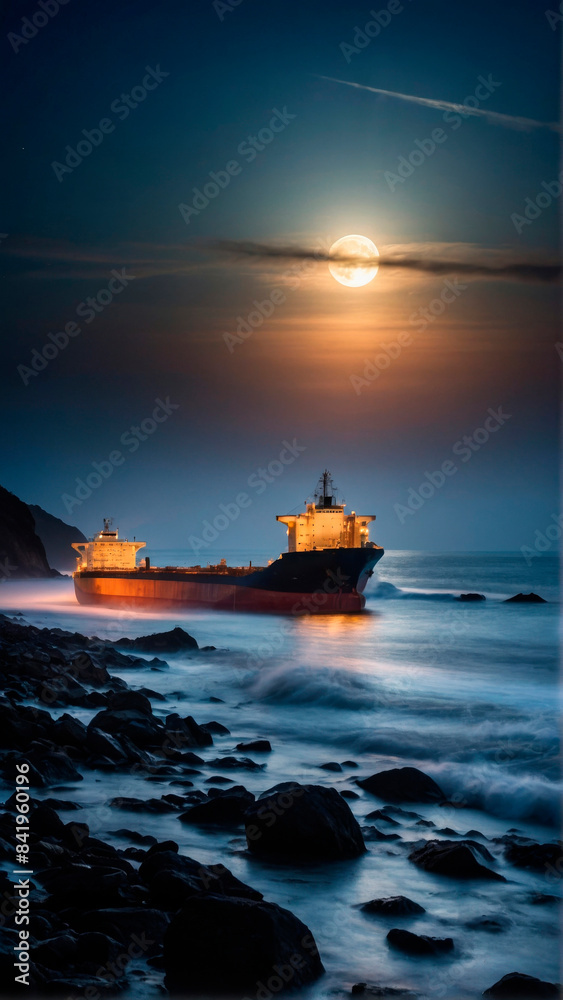Fototapeta premium Bulk carrier in the misty ocean under moonlight