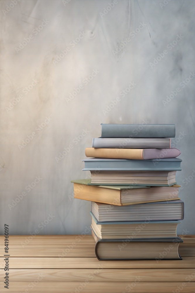 School book stack with gray background or poster with copy space. School banner for education advertising symbolizing knowledge and education, learning, study School book stack with gray background or poster with copy space. School banner for education advertising symbolizing knowledge and education, learning, study