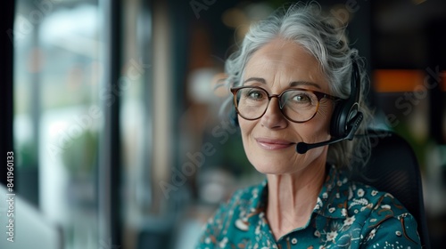 Porträt einer fröhlich lächelnden reifen Frau mit grauen Haaren und Brille, die ein Headset trägt, modernes Büro. Call-Center, Online-Therapie, Telemedizin professionell photo