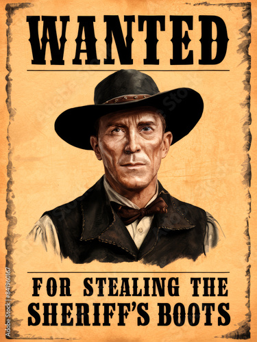 A wanted poster features serious-looking cowboy in black hat, accused of 