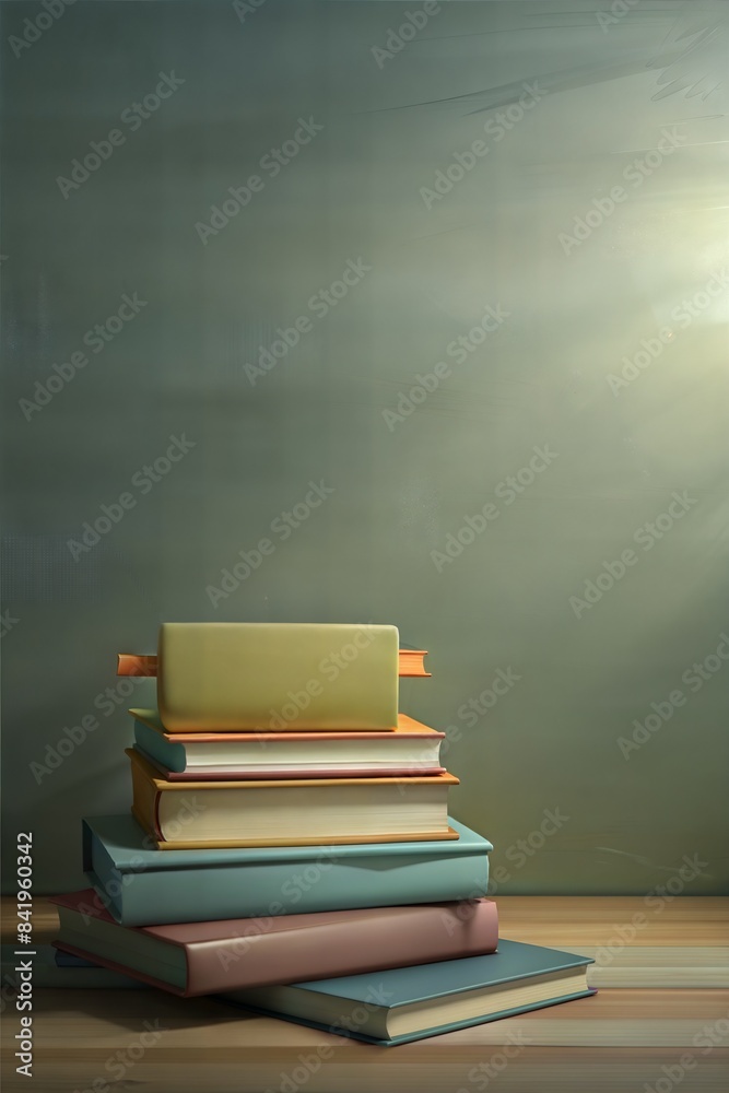 School book stack with green background or poster with copy space. School banner for education advertising symbolizing knowledge and education, learning, study School book stack with green background or poster with copy space. School banner for education advertising symbolizing knowledge and education, learning, study