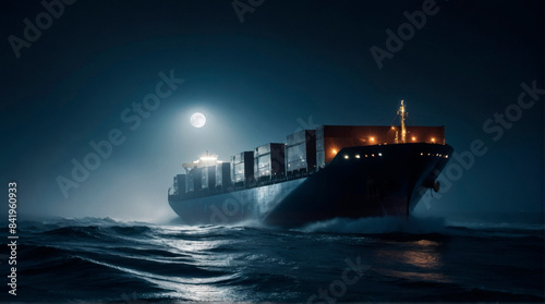 Bulk carrier in the misty ocean under moonlight