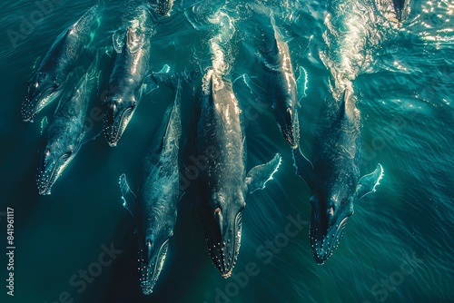 humpback whales swimming, aerial view