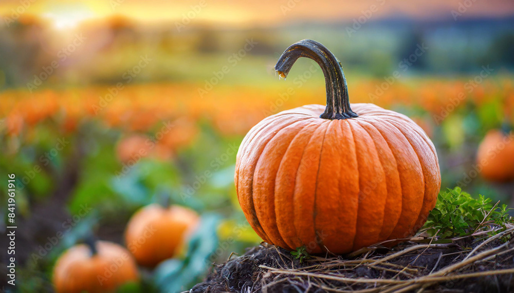 pumpkin stands out in a field, symbolizing autumn harvest, abundance, seasonal charm, with blurred background adding depth pumpkin stands out in a field, symbolizing autumn harvest, abundance, seasonal charm, with blurred background adding depth
