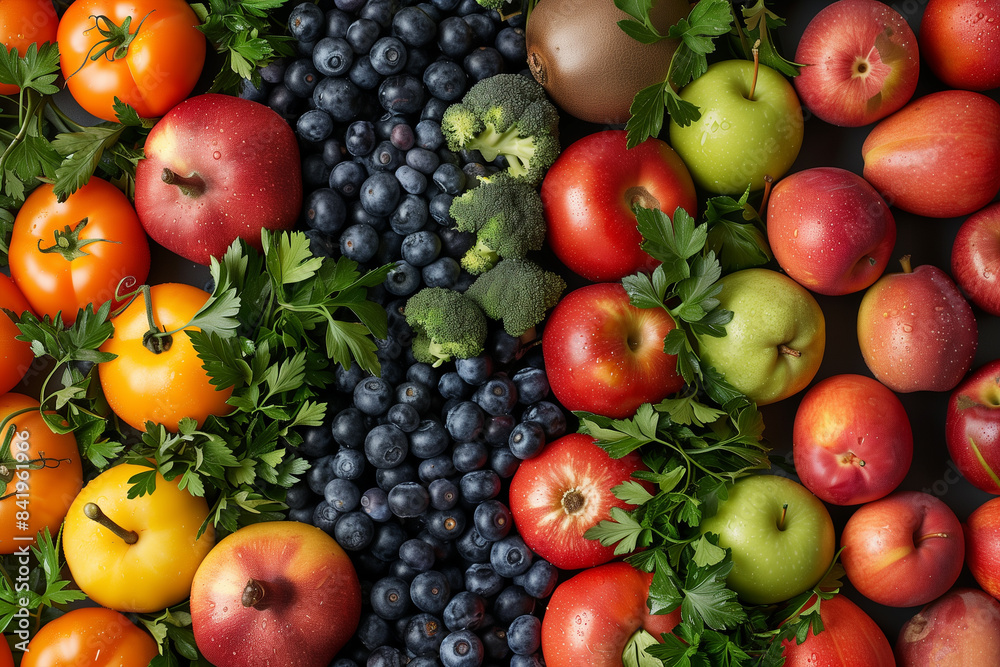 Fresh Fruits and Vegetables Displayed Together on a Dark Surface Fresh Fruits and Vegetables Displayed Together on a Dark Surface