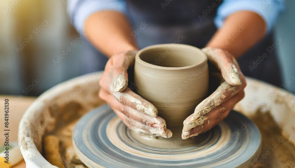 woman's hands shaping clay on a pottery wheel, symbolizing creativity, craftsmanship, and the transformative power of art. Ideal for artistic or instructional use woman's hands shaping clay on a pottery wheel, symbolizing creativity, craftsmanship, and the transformative power of art. Ideal for artistic or instructional use