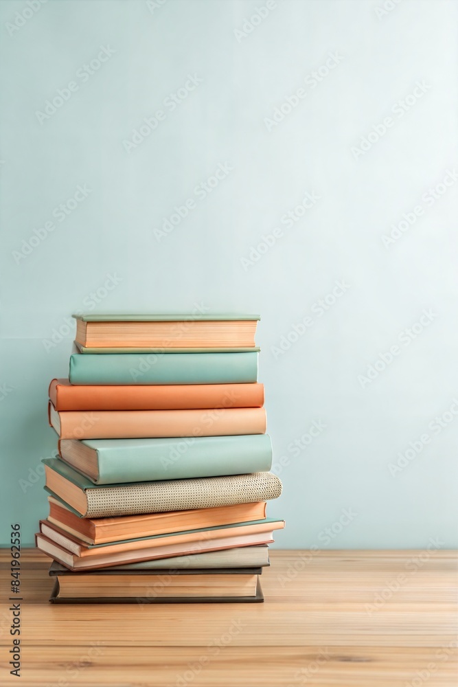 Stacked colorful textbooks on wooden surface against a peaceful blue background, ideal for educational and literary themes with room for text Stacked colorful textbooks on wooden surface against a peaceful blue background, ideal for educational and literary themes with room for text