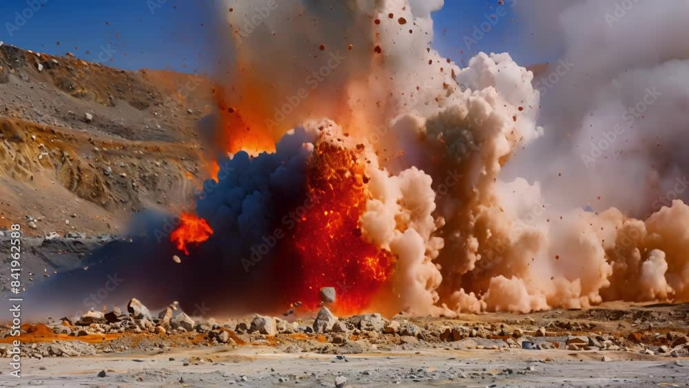 A large explosion at a mining site as dynamite is used to blast through tough layers of mineralrich earth.